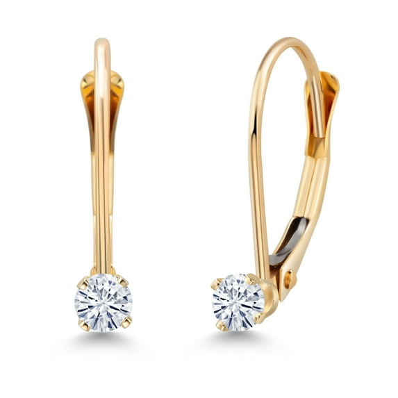 Gem Stone King 14K Yellow Gold White Moissanite Drop Dangle Leverback Earring for Women (0.13 Cttw, Round 2.5MM)