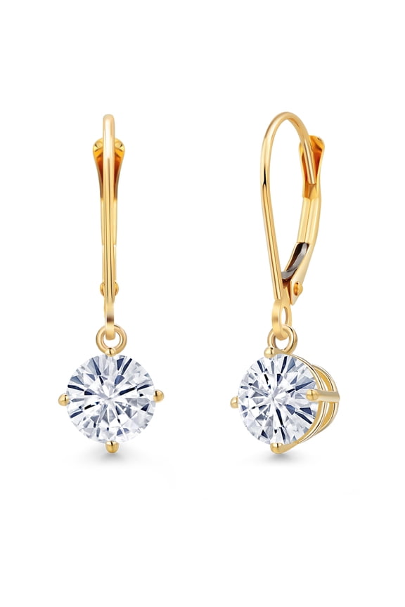 14K Yellow Gold White Moissanite Earrings for Women | 2.00 Cttw | Gemstone Birthstone | Round 6.5MM