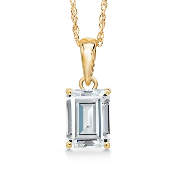 Gem Stone King 14K Yellow Gold White Moissanite Pendant Necklace | 1.00 Cttw | Gemstone Birthstone | Emerald Cut 7X5MM | Gold Necklace for Women | With 18 inch Gold Chain