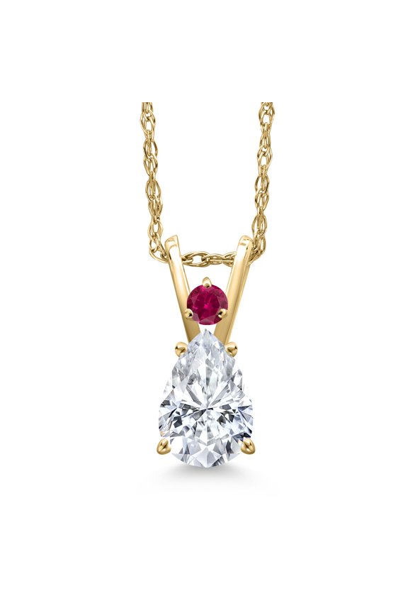 14K Yellow Gold White Moissanite and Red Created Ruby Pendant Necklace for Women | 0.69 Cttw | Gemstone Birthstone | Pear Shape 7X5MM | With 18 inch Chain