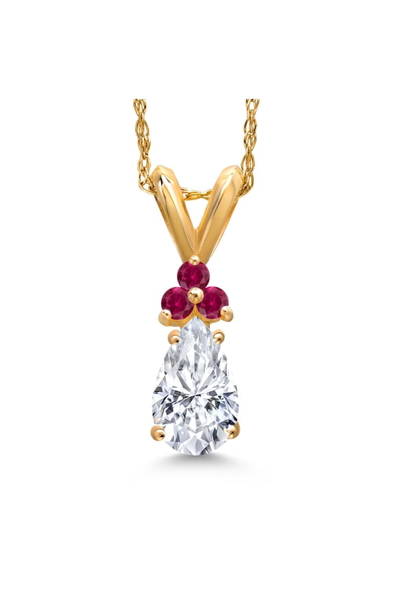 14K Yellow Gold White Moissanite and Red Created Ruby Pendant Necklace for Women | 0.73 Cttw | Gemstone Birthstone | Pear Shape 7X5MM | With 18 inch Chain