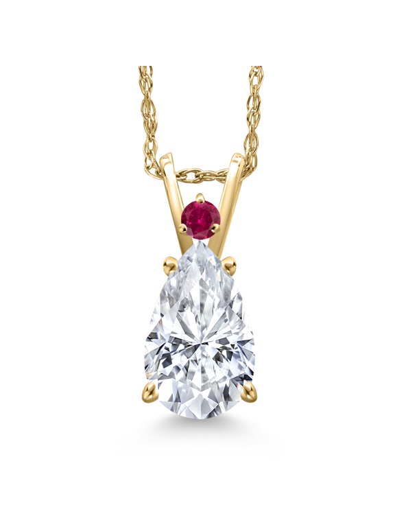 14K Yellow Gold White Moissanite and Red Created Ruby Pendant Necklace for Women | 1.99 Cttw | Gemstone Birthstone | Pear Shape 10X7MM | With 18 inch Chain