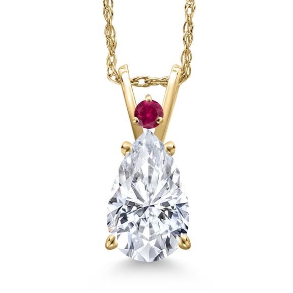 Gem Stone King 14K Yellow Gold White Moissanite and Red Created Ruby Pendant Necklace for Women | 1.99 Cttw | Gemstone Birthstone | Pear Shape 10X7MM | With 18 inch Chain