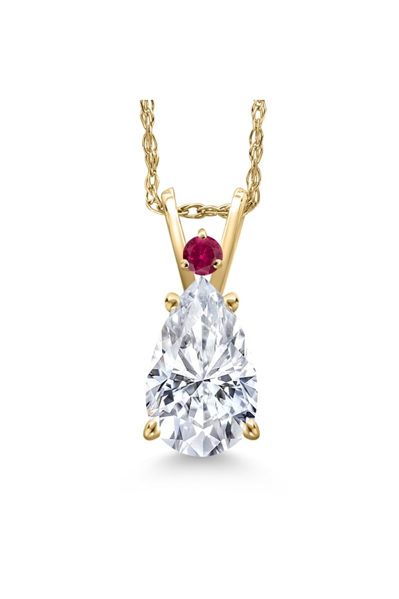 14K Yellow Gold White Moissanite and Red Created Ruby Pendant Necklace for Women | 1.99 Cttw | Gemstone Birthstone | Pear Shape 10X7MM | With 18 inch Chain