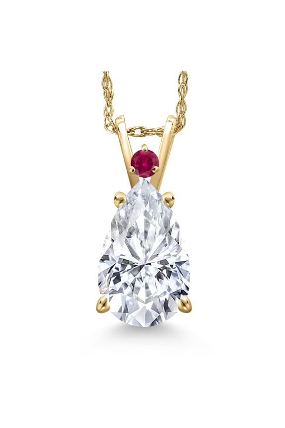 14K Yellow Gold White Moissanite and Red Created Ruby Pendant Necklace for Women | 3.12 Cttw | Gemstone Birthstone | Pear Shape 12X8MM | With 18 inch Chain