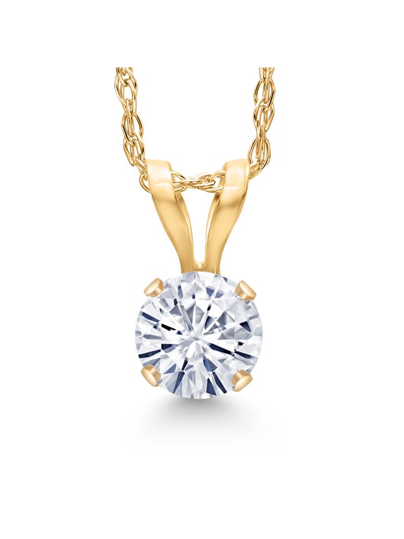 14K Yellow Gold White Moissanite Solitaire Pendant Necklace | 0.23 Cttw | Round 4MM | Gold Necklace for Women | With 18 inch Chain
