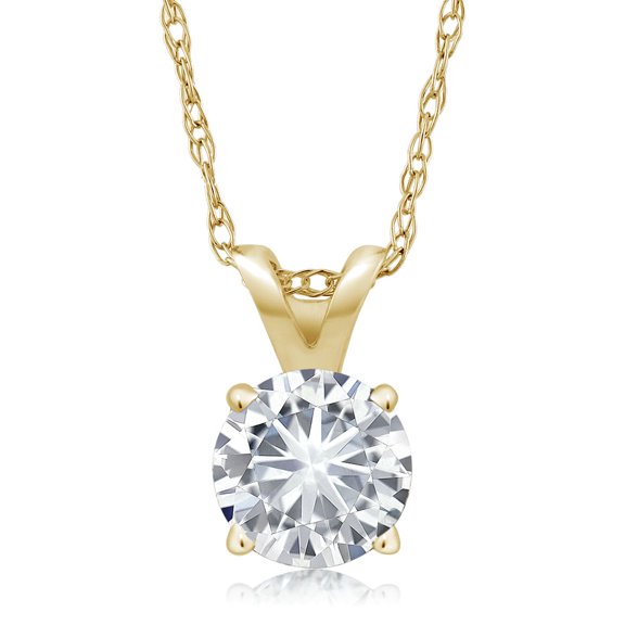 Gem Stone King 14K Yellow Gold White Moissanite Solitaire Pendant Necklace for Women | 0.27 Cttw | Round 4.5MM | With 18 inch Chain