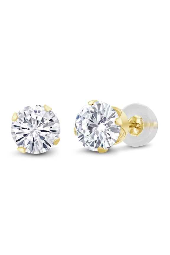 14K Yellow Gold White Moissanite Stud Earrings for Women Men | 2.00 Cttw | Round 6.5MM | G-H Color | Gold Earrings for Women Men