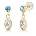 thumbnail image 1 of Gem Stone King 14K Yellow Gold White Moissanite and Swiss Blue Topaz Drop Dangle Earrings for Women (1.30 Cttw, Gemstone Birthstone, Oval 6X4MM, Round 3MM), 1 of 4