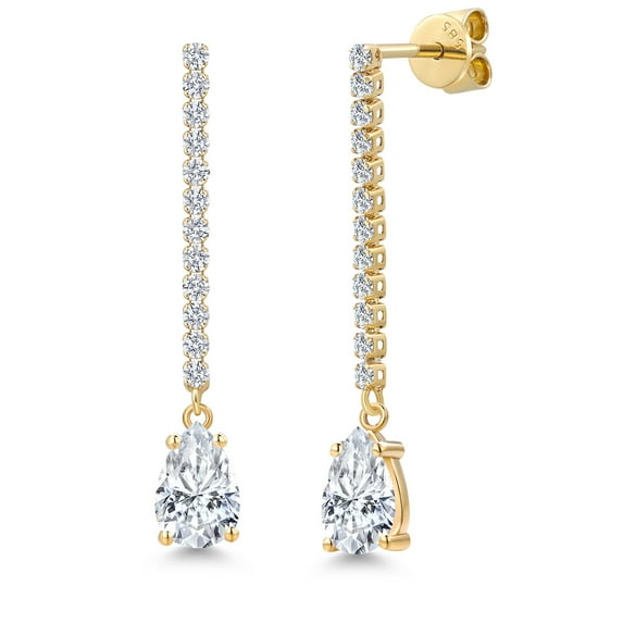 Gem Stone King 14K Yellow Gold White Moissanite and White Lab Grown Diamond Long Liner Dangle Earrings for Women | 2.36 Cttw | Gemstone Birthstone | Pear Shape 8X5MM | White Gold Chain Drop Earrings