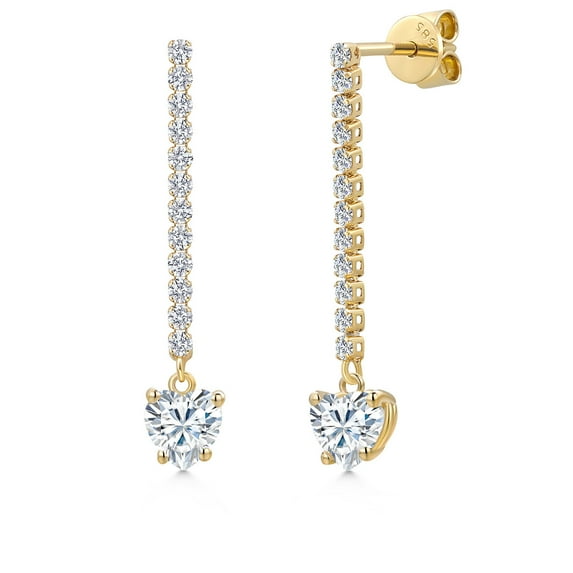 Gem Stone King 14K Yellow Gold White Moissanite and Lab Grown Diamond Dangle Earrings for Women | 1.20 Cttw | Gemstone Birthstone | Heart Shape 5MM