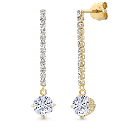 Gem Stone King 14K Yellow Gold White Moissanite and Lab Grown Diamond Dangle Earrings for Women | 2.36 Cttw | Gemstone Birthstone | Round 6.5MM