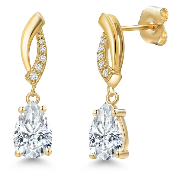 Gem Stone King 14K Yellow Gold White Moissanite and Lab Grown Diamond Earrings for Women | 2.05 Cttw | Gemstone Birthstone | Pear Shape 8X5MM