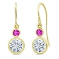 thumbnail image 1 of Gem Stone King 14K Yellow Gold White Moissanite and Pink Sapphire Drop Dangle Earrings for Women (1.87 Cttw, Gemstone Birthstone, Round 6MM and 3MM), 1 of 3