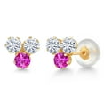 thumbnail image 1 of Gem Stone King 14K Yellow Gold White Moissanite and Pink Sapphire Three Stone Stud Earrings for Women (0.67 Cttw, Gemstone, Round 3MM), 1 of 4