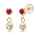thumbnail image 1 of Gem Stone King 14K Yellow Gold White Moissanite and Red Ruby Drop Dangle Earrings for Women (0.77 Cttw, Gemstone Birthstone, Round 4MM and 3MM), 1 of 4