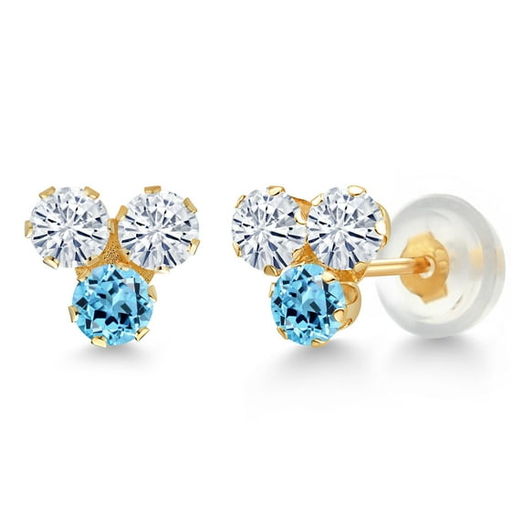 Gem Stone King 14K Yellow Gold White Moissanite and Swiss Blue Topaz Three Stone Stud Earrings for Women (0.70 Cttw, Gemstone, Round 3MM)