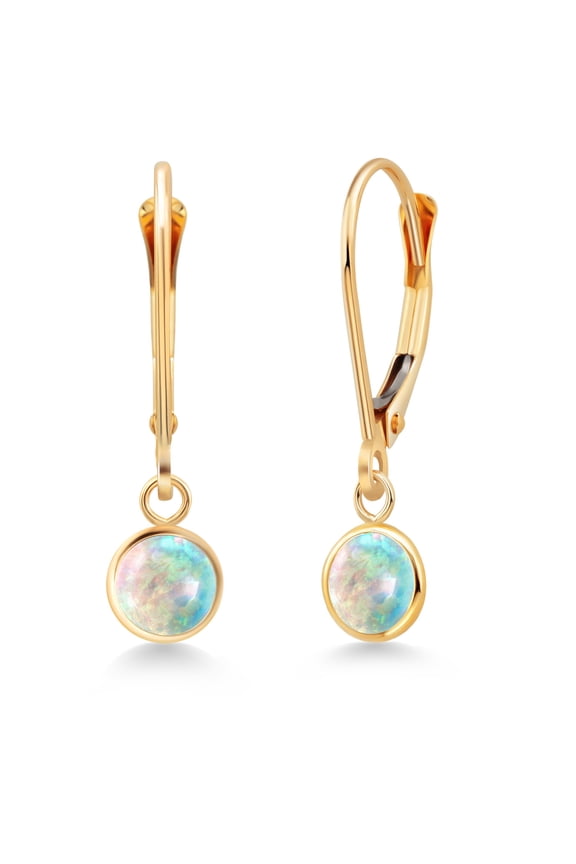 14K Yellow Gold White Opal Drop Dangle Earring for Women with Leverback (1.00 Cttw, Gemstone Birthstone, Round Cabochon 5MM)