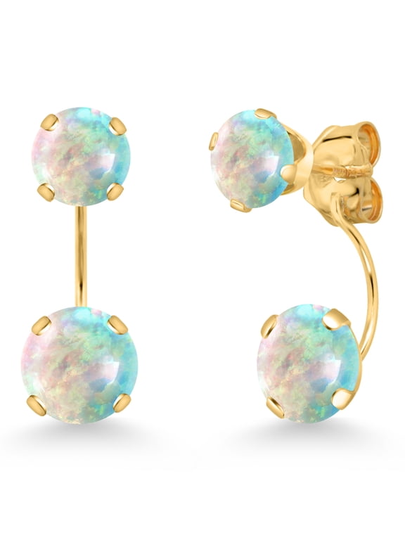 14K Yellow Gold Simulated White Opal Stud Earrings for Women | 1.14 Cttw | Gemstone October Birthstone | Round Cabochon 6MM