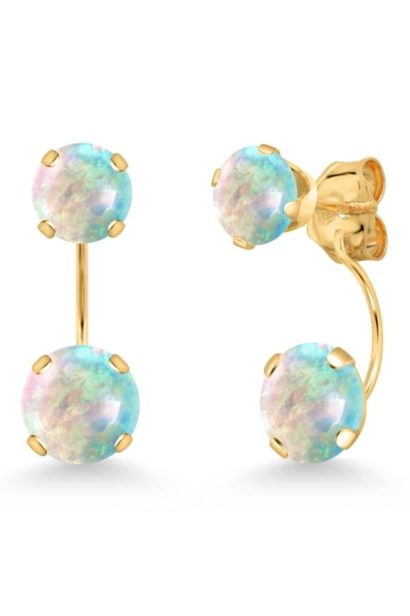 14K Yellow Gold Simulated White Opal Stud Earrings for Women | 1.14 Cttw | Gemstone October Birthstone | Round Cabochon 6MM