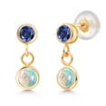 thumbnail image 1 of Gem Stone King 14K Yellow Gold White Simulated Opal and Blue Created Sapphire Drop Dangle Earrings for Women (0.78 Cttw, Gemstone Birthstone, Round Cabochon 4MM and 3MM), 1 of 4