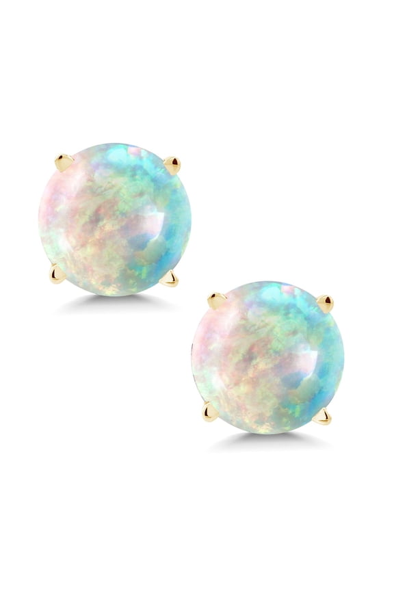 14K Yellow Gold White Simulated Opal Stud Earrings for Women Men (0.60 Ct Round Cabochon 6MM)