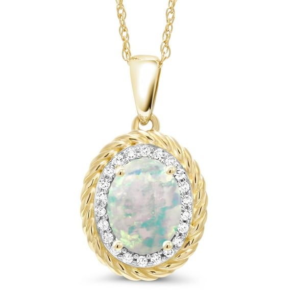 Gem Stone King 14K Yellow Gold White Simulated Opal and White Diamond Pendant Necklace for Women (1.20 Cttw, Oval Cabochon Cut 8X6MM, with 18 inch Chain)