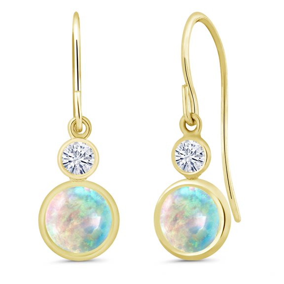 Gem Stone King 14K Yellow Gold White Simulated Opal and White Moissanite Drop Dangle Earrings for Women (0.80 Cttw, Gemstone October Birthstone, Round Cabochon 6MM and 3MM)