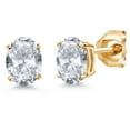 thumbnail image 1 of Gem Stone King 14K Yellow Gold White Topaz Double Notch Stud Earrings | 2.00 Cttw | Gemstone November Birthstone | Oval 7X5MM | Gold Earrings for Women Men, 1 of 6