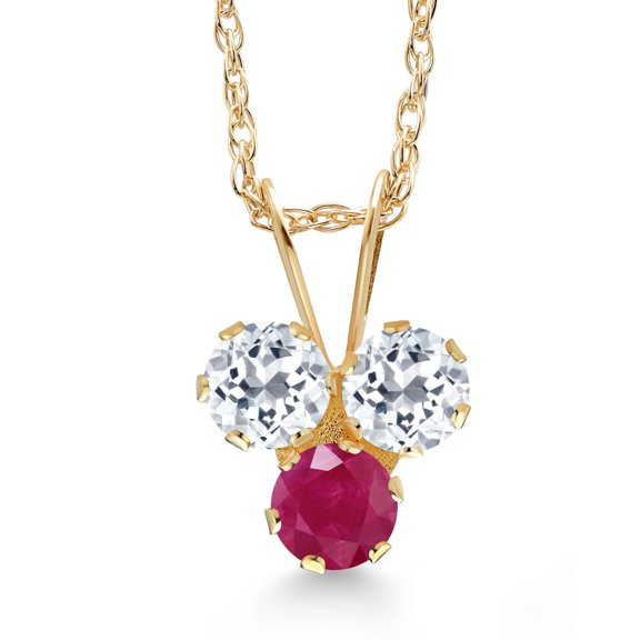Gem Stone King 14K Yellow Gold White Topaz and Red Ruby 3-Stone Pendant Necklace for Women (0.44 Cttw, Gemstone November Birthstone, Round 3MM, 18 inch Chain)