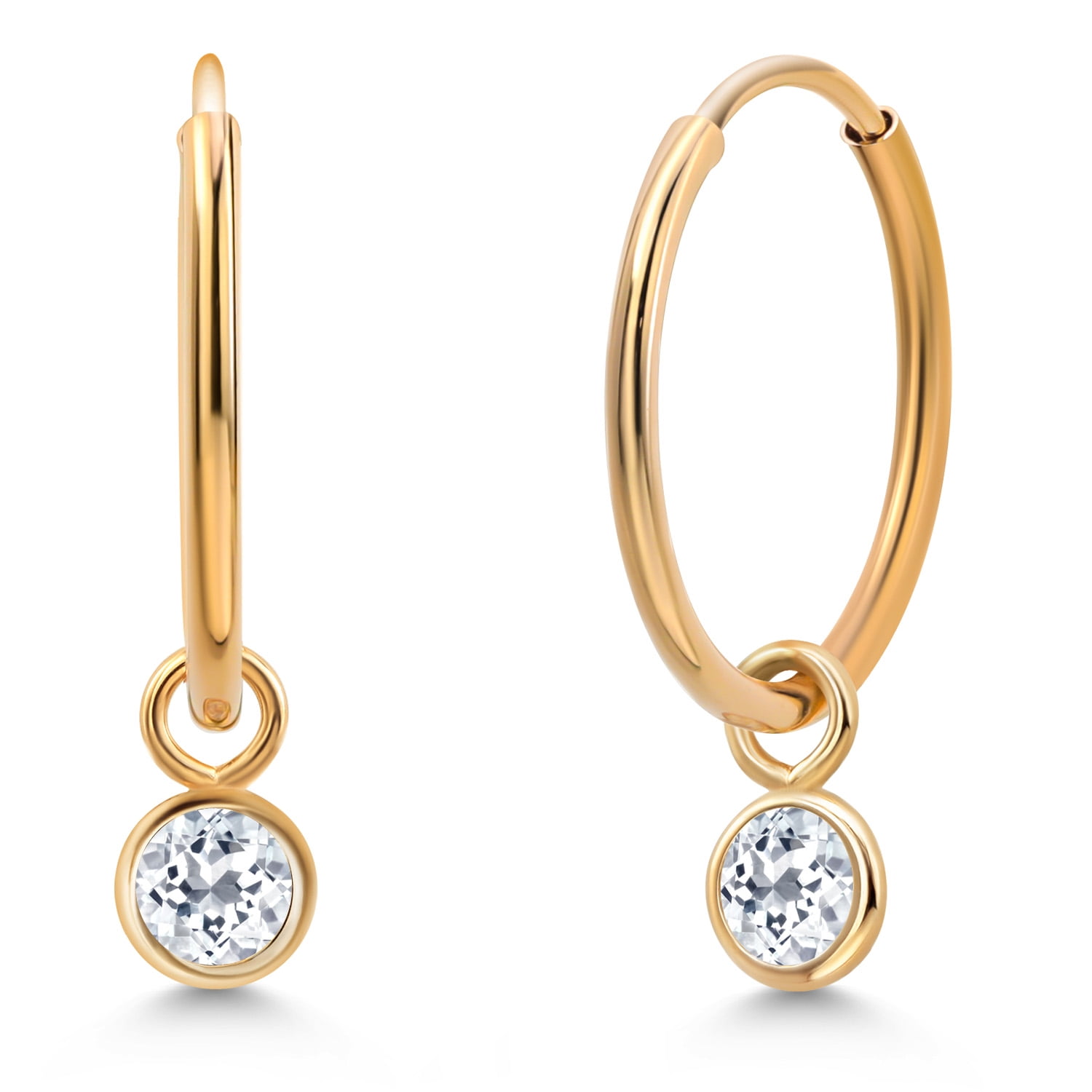 Gem Stone King 14K Yellow Gold White Topaz Snap Closure Continuous Endless Drop Dangle Hoop Earrings for Women | 0.28 Cttw | Round 3MM | Fine Jewelry Gifts for Women Her Mom Wife