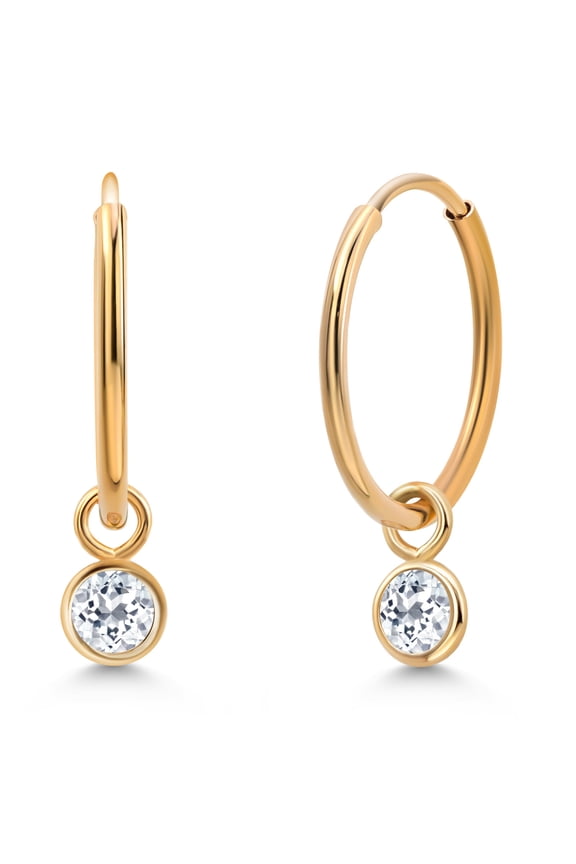 14K Yellow Gold White Topaz Snap Closure Continuous Endless Drop Dangle Hoop Earrings for Women (0.28 Cttw,  Round 3MM)