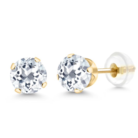 Gem Stone King 14K Yellow Gold White Topaz Stud Earrings for Women Men (2.00 Cttw, Gemstone Birthstone, Round 6MM)
