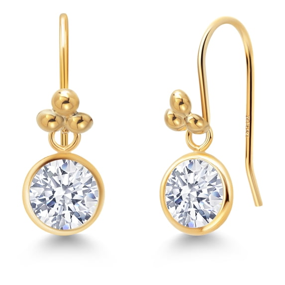 Gem Stone King 14K Yellow Gold White Zirconia Dangle French Wire Earrings for Women (3.00 Cttw, Gemstone Birthstone, Round 6MM)