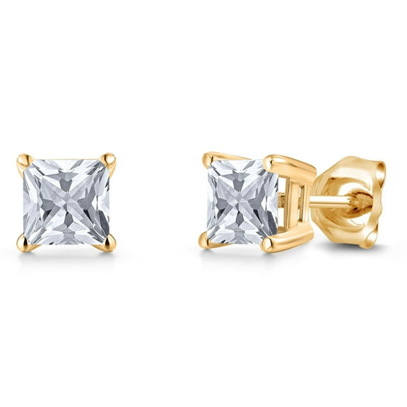 Gem Stone King 14K Yellow Gold White Zirconia Double Notch Stud Earrings | 1.50 Cttw | Gemstone Birthstone | Princess 5MM | Gold Earrings for Women Men