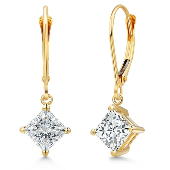 Gem Stone King 14K Yellow Gold White Zirconia Earrings for Women | 1.50 Cttw | Gemstone Birthstone | Princess 5MM