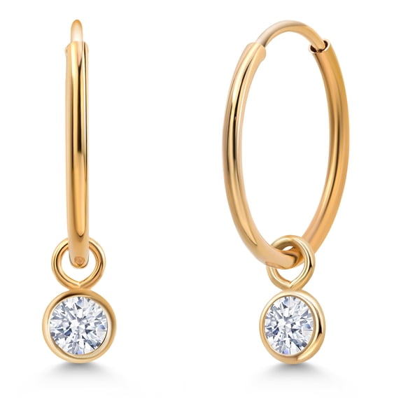 Gem Stone King 14K Yellow Gold White Zirconia Snap Closure Continuous Endless Drop Dangle Hoop Earrings for Women | 0.22 Cttw | Round 3MM | Fine Jewelry Gifts for Women Her Mom Wife
