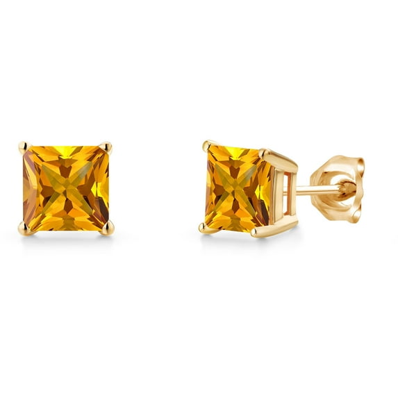 Gem Stone King 14K Yellow Gold Yellow Citrine Double Notch Stud Earrings | 2.00 Cttw | Gemstone November Birthstone | Princess 6MM | Gold Earrings for Women Men