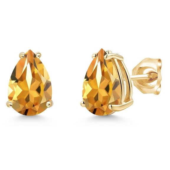 Gem Stone King 14K Yellow Gold Yellow Citrine Double Notch Stud Earrings | 2.14 Cttw | Gemstone November Birthstone | Pear Shape 9X6MM | Gold Earrings for Women Men