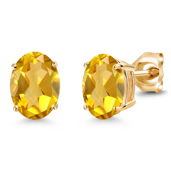 Gem Stone King 14K Yellow Gold Yellow Citrine Double Notch Stud Earrings | 2.60 Cttw | Gemstone November Birthstone | Oval 8X6MM | Gold Earrings for Women Men