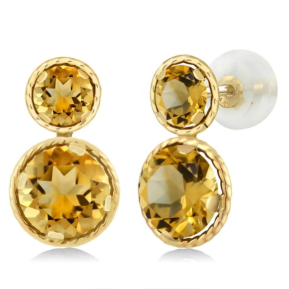Gem Stone King 14K Yellow Gold Yellow Citrine Earrings for Women (2.11 Cttw, Gemstone November Birthstone, Round Cut 6MM and 4MM)