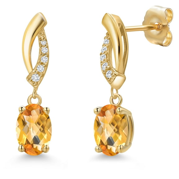 Gem Stone King 14K Yellow Gold Yellow Citrine and Lab Grown Diamond Dangle Earrings for Women | 1.50 Cttw | Gemstone November Birthstone | Oval Checkerboard 7X5MM