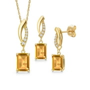 Gem Stone King 14K Yellow Gold Yellow Citrine and Lab Grown Diamond Pendant Earrings Jewelry Set for Women | 3.47 Cttw | Gemstone November Birthstone | Emerald Cut 8X6MM | with 18 inch Chain