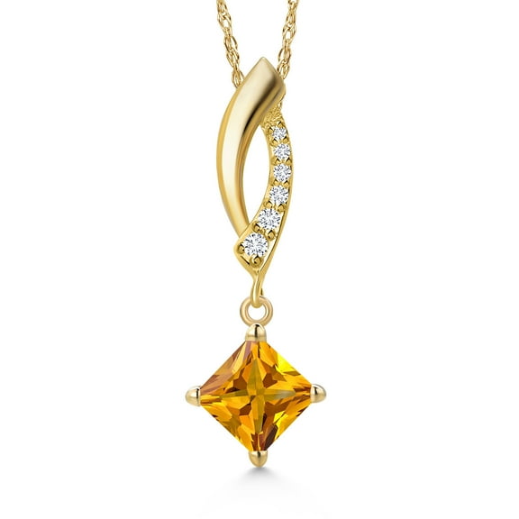 Gem Stone King 14K Yellow Gold Yellow Citrine and Lab Grown Diamond Pendant Necklace for Women | 0.63 Cttw | Gemstone November Birthstone | Princess 5MM | With 18 inch Chain