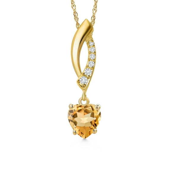 Gem Stone King 14K Yellow Gold Yellow Citrine and Lab Grown Diamond Pendant Necklace for Women | 0.68 Cttw | Gemstone November Birthstone | Heart Shape 6MM | With 18 inch Chain