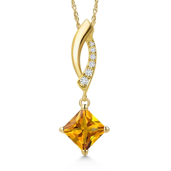Gem Stone King 14K Yellow Gold Yellow Citrine and Lab Grown Diamond Pendant Necklace for Women | 1.03 Cttw | Gemstone November Birthstone | Princess 6MM | With 18 inch Chain