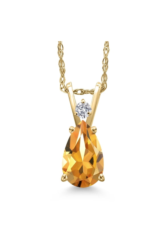 14K Yellow Gold Yellow Citrine and Lab Grown Diamond Pendant Necklace for Women | 1.09 Cttw | Gemstone November Birthstone | Pear Shape 9X6MM | With 18 inch Chain