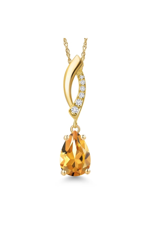 14K Yellow Gold Yellow Citrine and Lab Grown Diamond Pendant Necklace for Women | 1.10 Cttw | Gemstone November Birthstone | Pear Shape 9X6MM | With 18 inch Chain