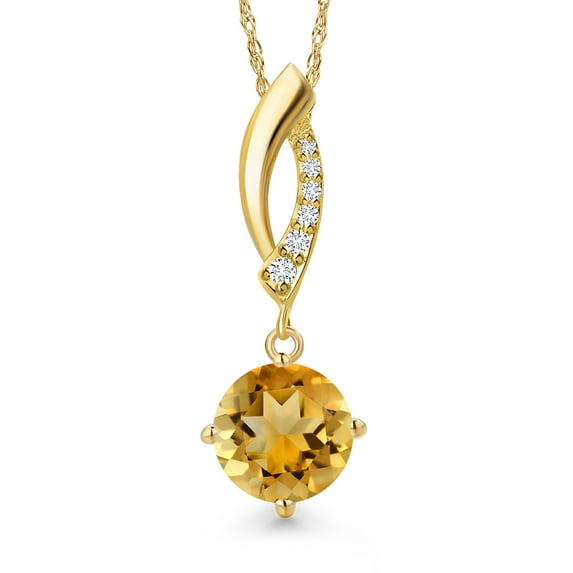 Gem Stone King 14K Yellow Gold Yellow Citrine and Lab Grown Diamond Pendant Necklace for Women | 1.53 Cttw | Gemstone November Birthstone | Round 8MM | With 18 inch Chain