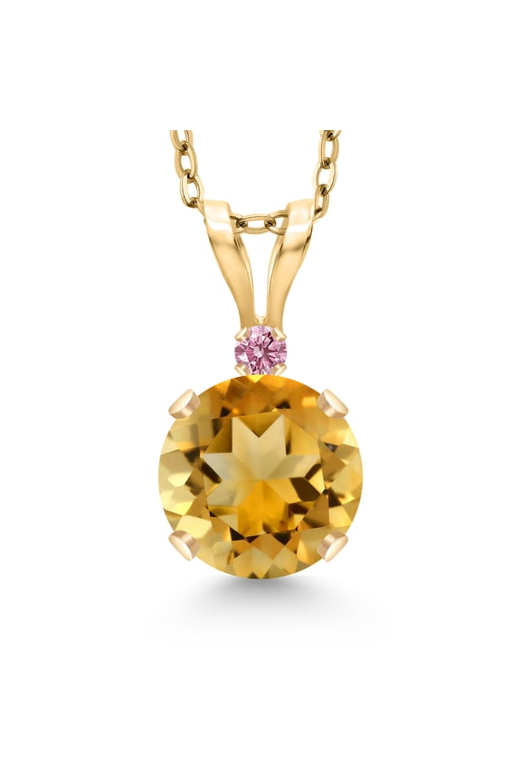 14K Yellow Gold Yellow Citrine and Pink Lab Grown Diamond Pendant Necklace for Women | 0.82 Cttw | Gemstone November Birthstone | Round 6MM | With 18 inch Silver Chain